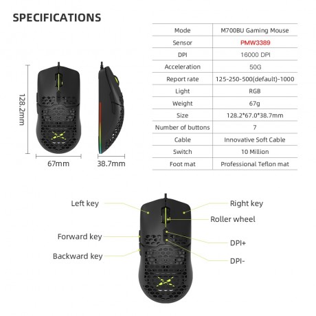 Delux M700 PMW3389 RGB Gaming Mouse 67g Lightweight Honeycomb Shell Ergonomic Mice with Soft rope Cable For Computer Gamer